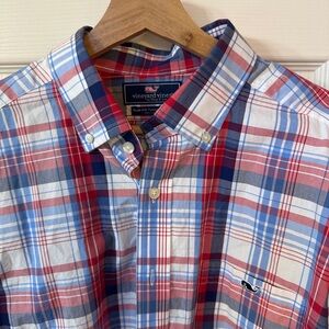Vineyard Vines Mens Large Red White Blue Plaid Slim Fit Tucker Shirt Large